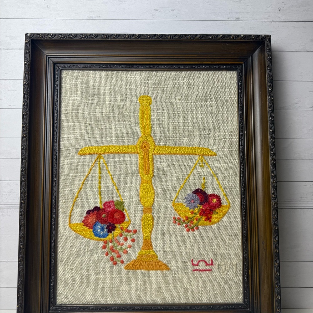 Antique Libra The Scales Zodiac Embroidery WALL ART